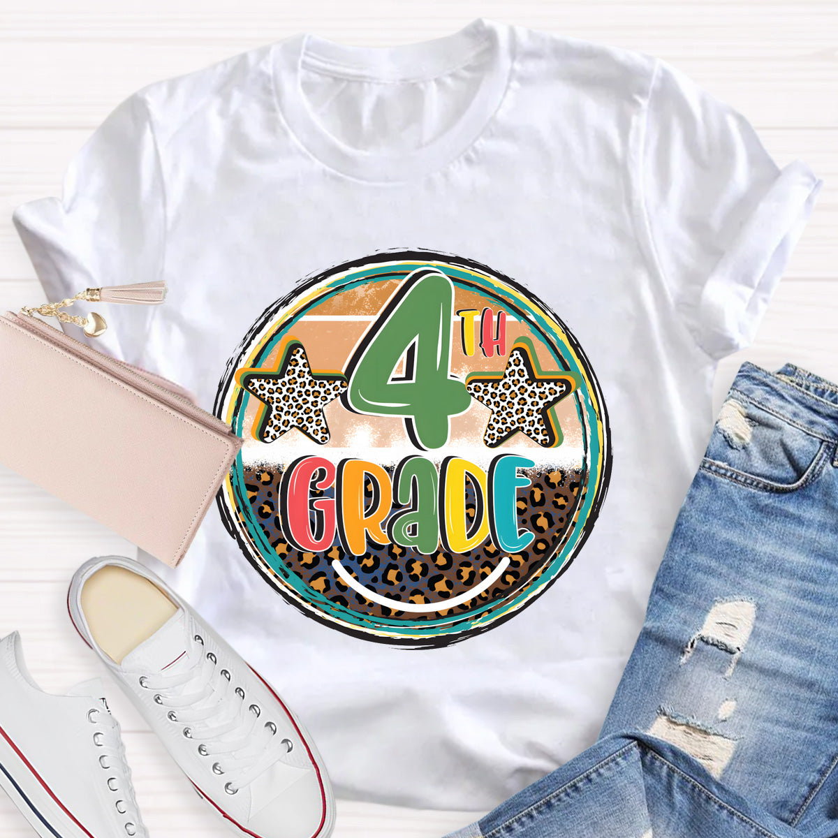 Personalized Grade Leopard Star 4th Grade Teacher T-Shirt