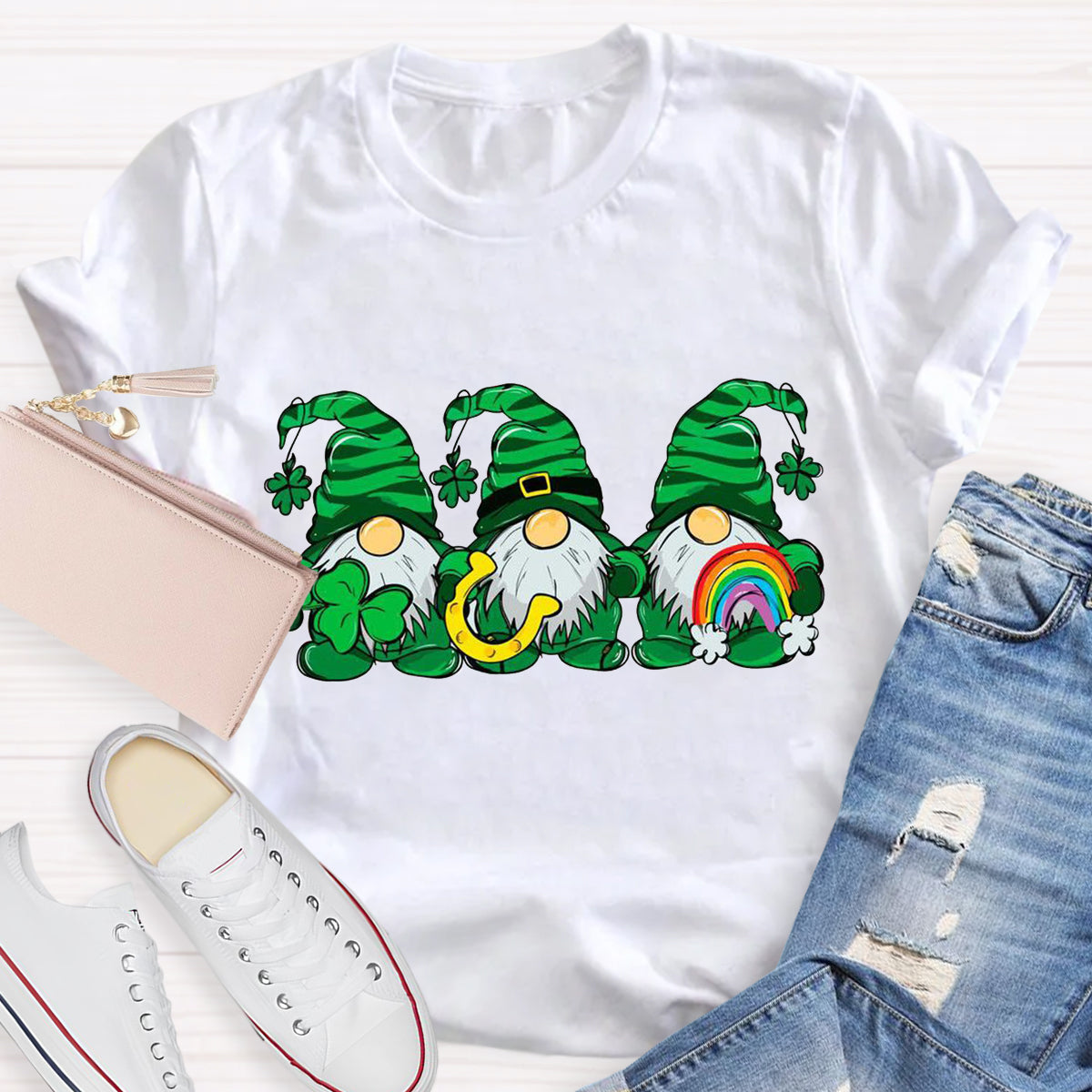 Three St Patricks' Day Gnome With Rainbow T-Shirt