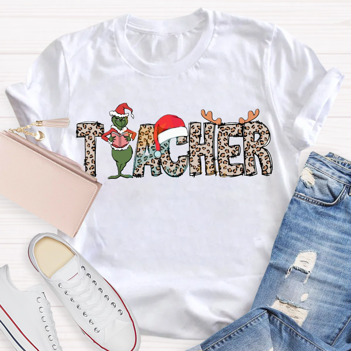 Christmas Leopard Teacher Grinch T-Shirt