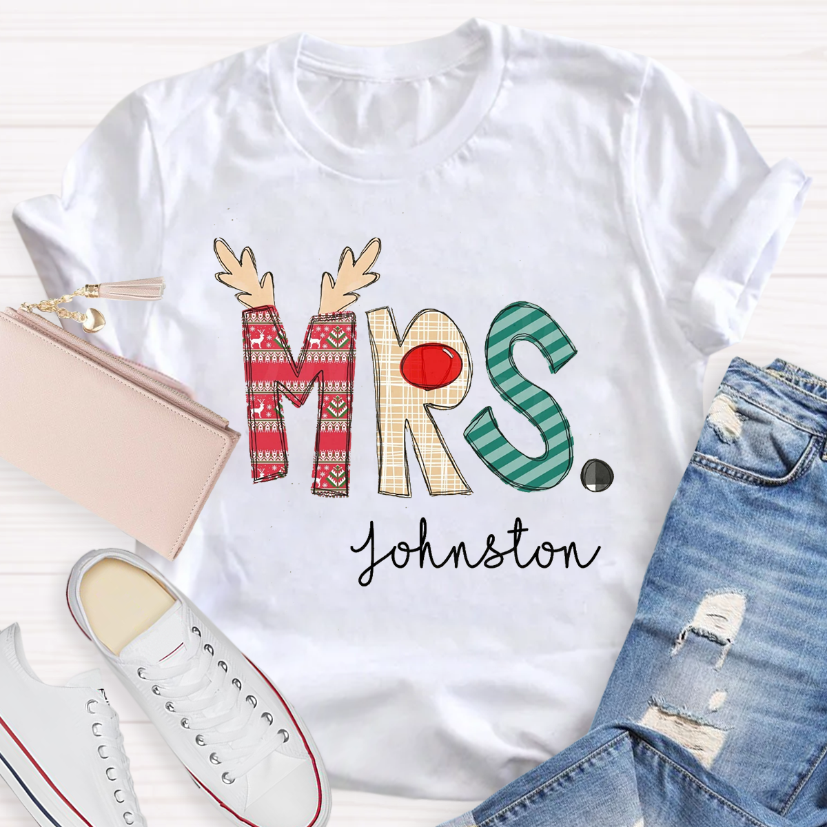 Personalized Christmas Classic Pattern Teacher Name Teacher T-Shirt