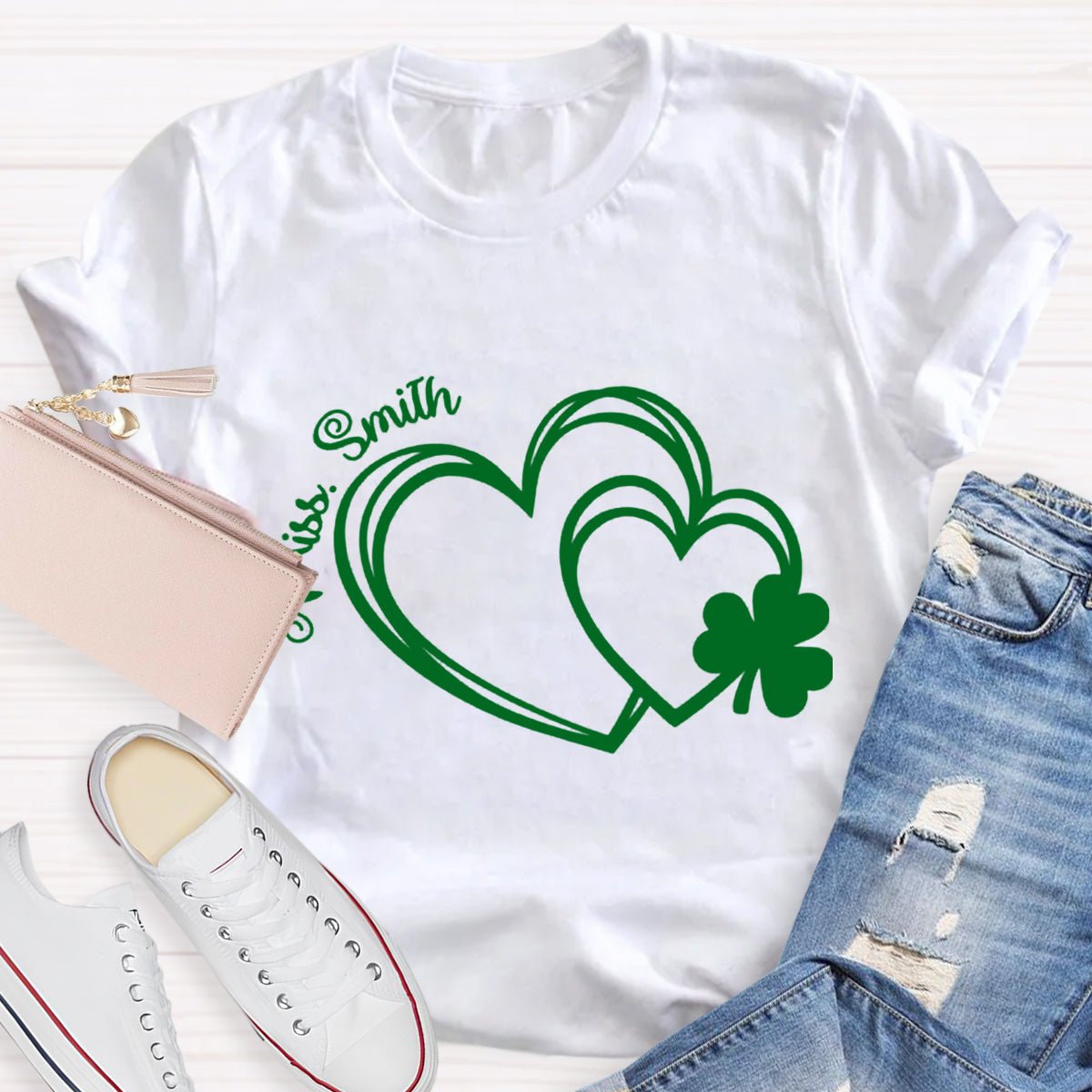 Personalized Name Heart Shamrock Teacher T-Shirt