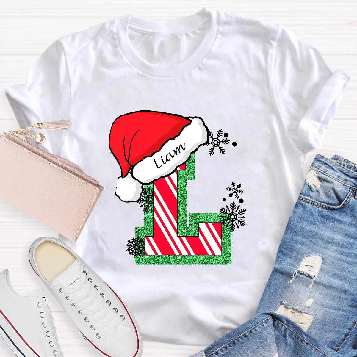 Personalized Name Merry Christmas Santa Holiday Green Red Glitter T-Shirt