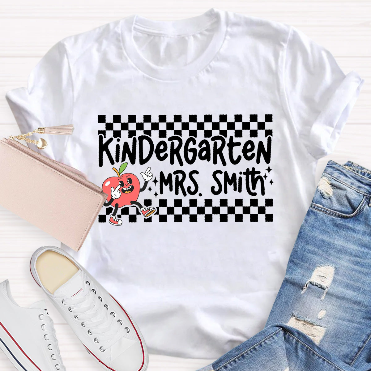 Personalized Grade And Name Chessboard pattern Apple Teacher T-Shirt