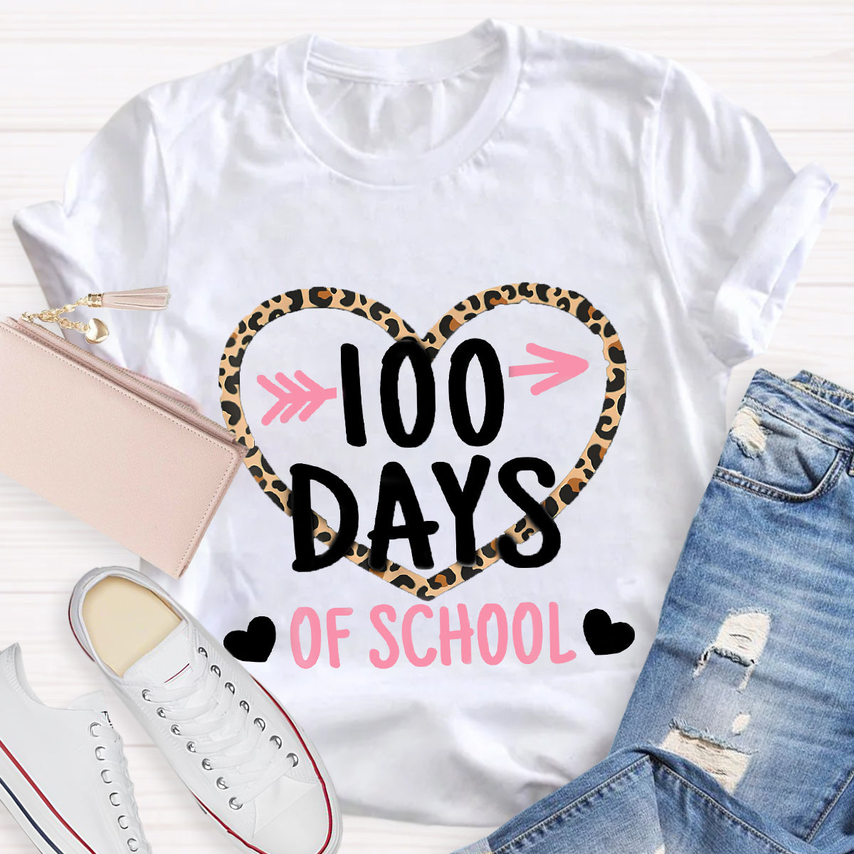 100 Days Of School Leopard Heart T-Shirt