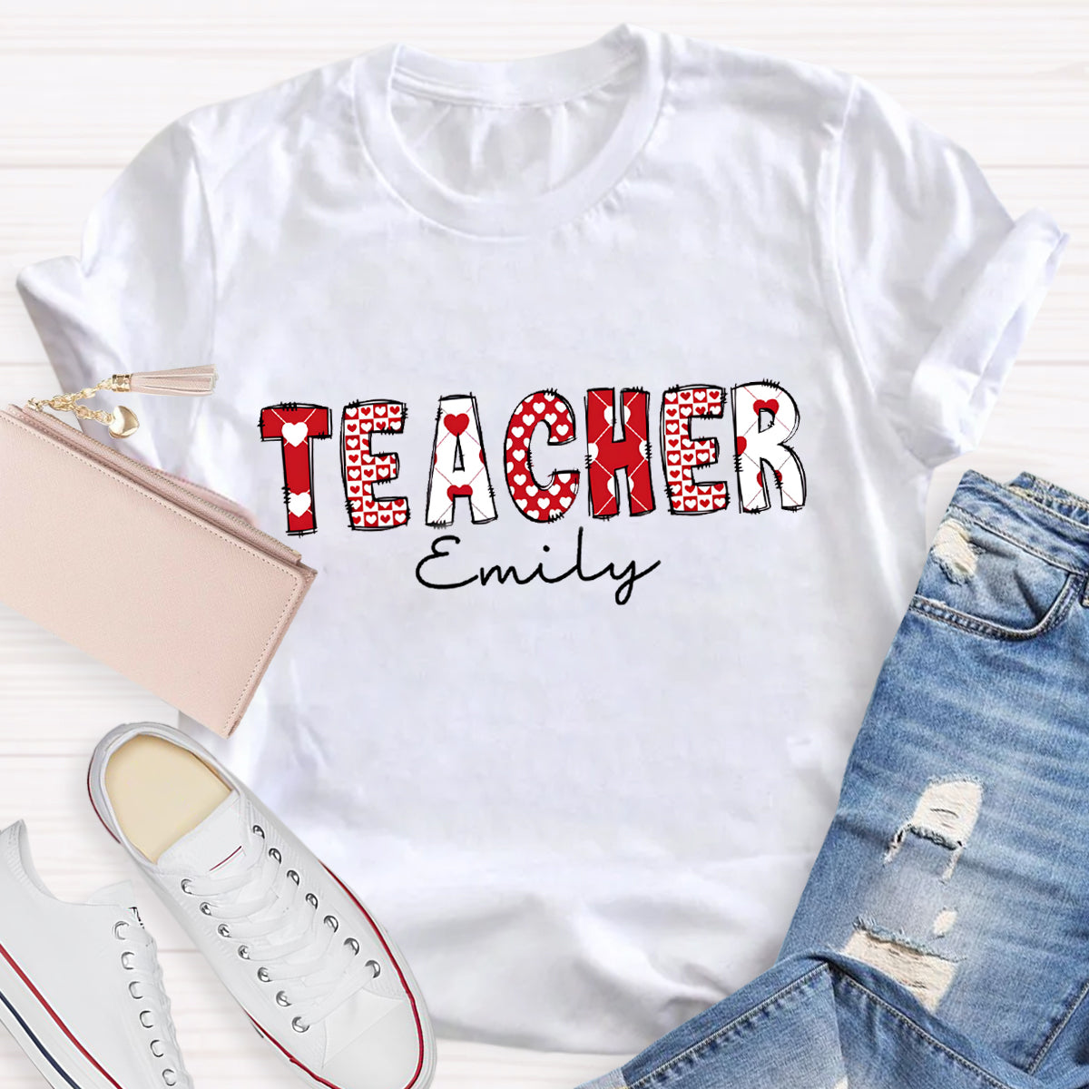 Personalized Name Pink Heart Printed Teacher T-Shirt