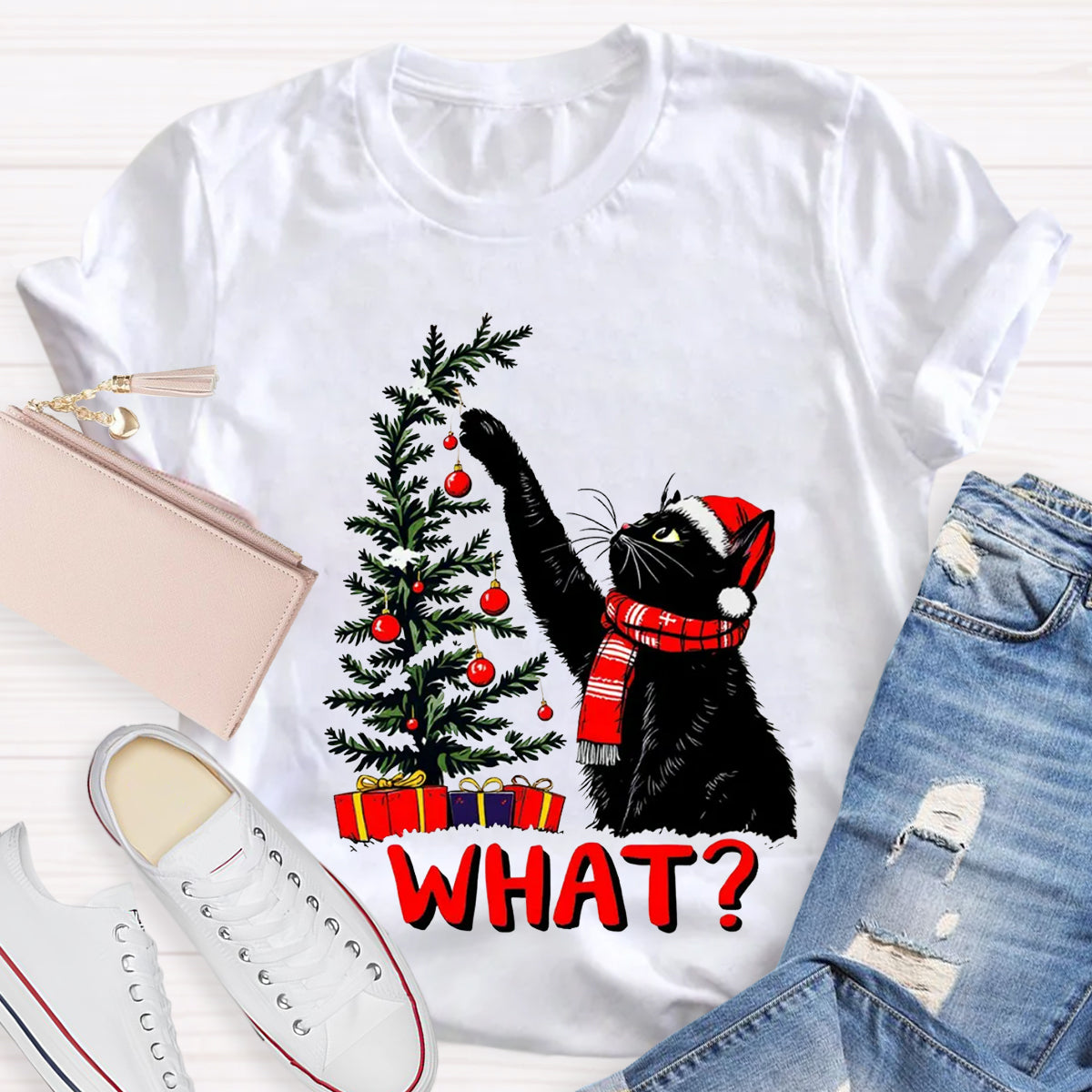 Black Cat Pushing Christmas Tree T-Shirt