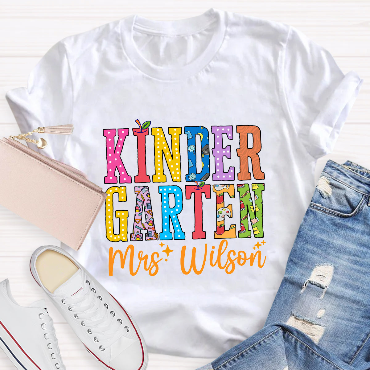 Personalized Teacher Name And Grade Apple Printed T-Shirt
