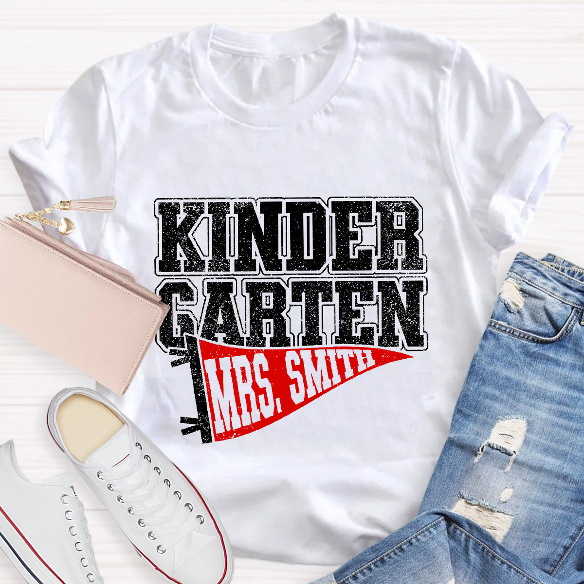 Personalized Grade And Name Flag Shaped Print Teacher T-Shirt