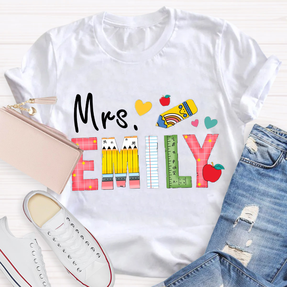 Personalized Name Apple Pencil Teacher Emily T-Shirt