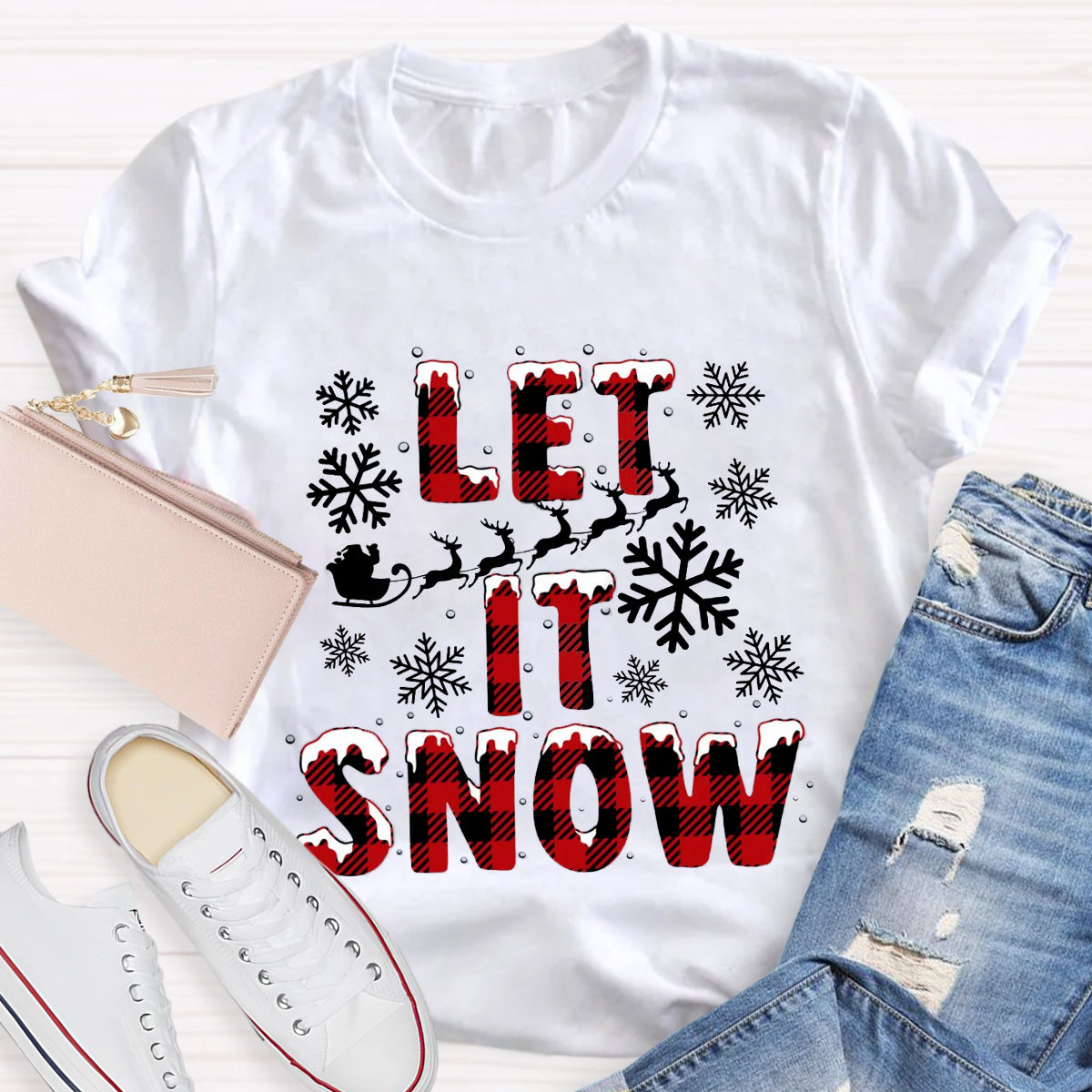 Let It Snow Red Plaid Teacher T-Shirt