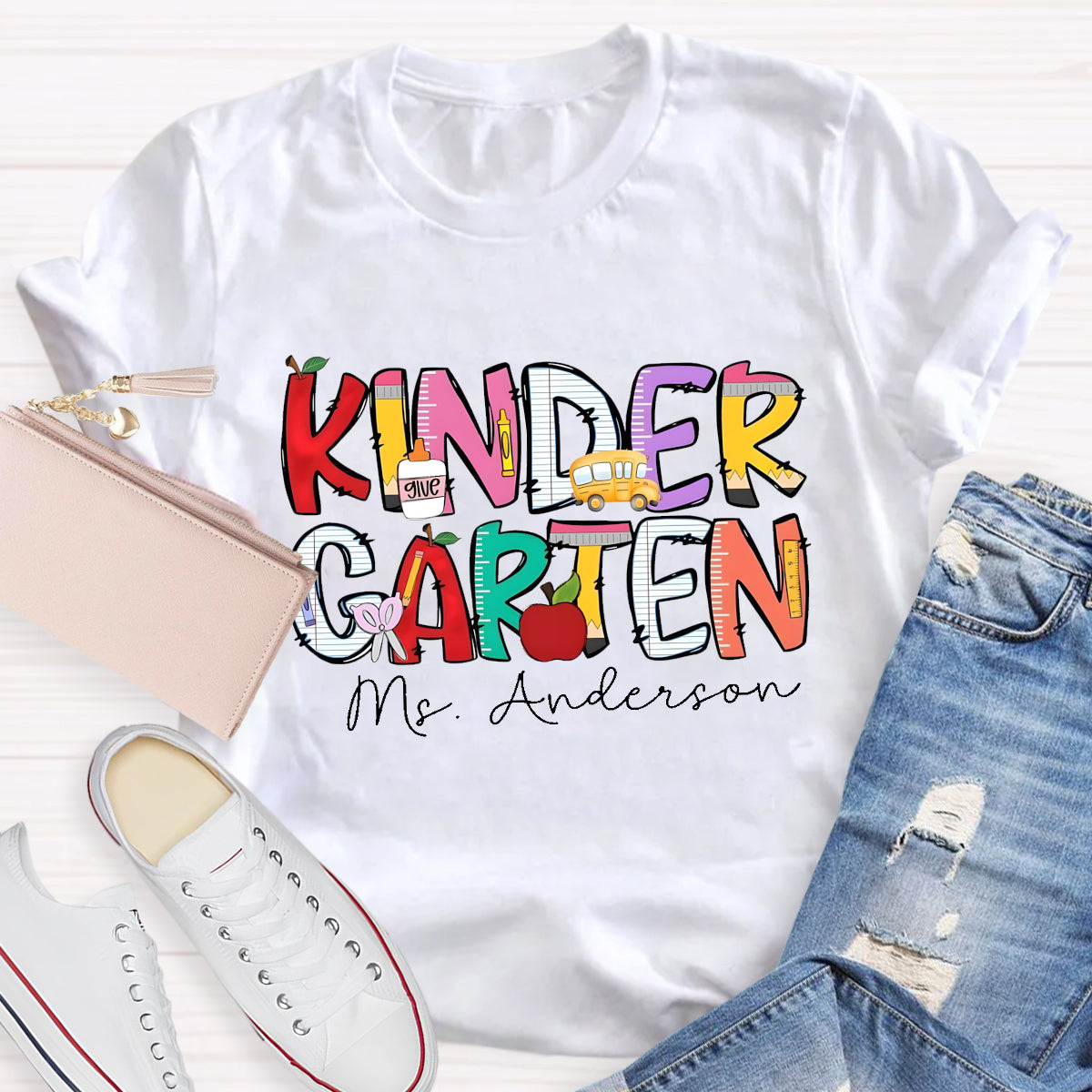 Personalized Kinder Garten Teacher's Name Apple Printed T-shirt