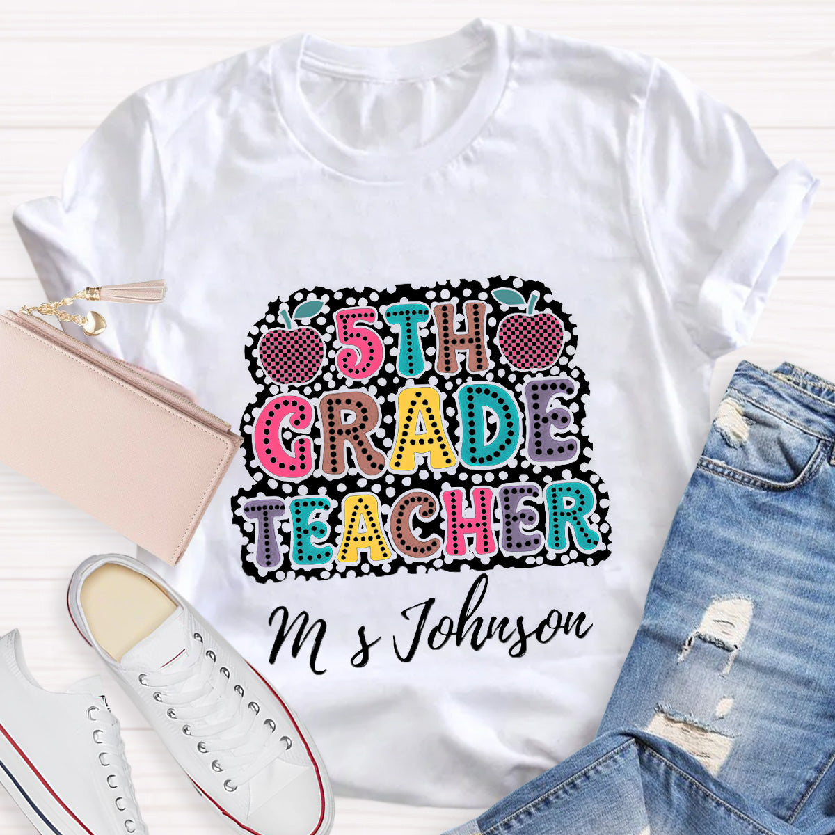 Personalized Name And Grade Checkerboard Apple Teacher T-Shirt