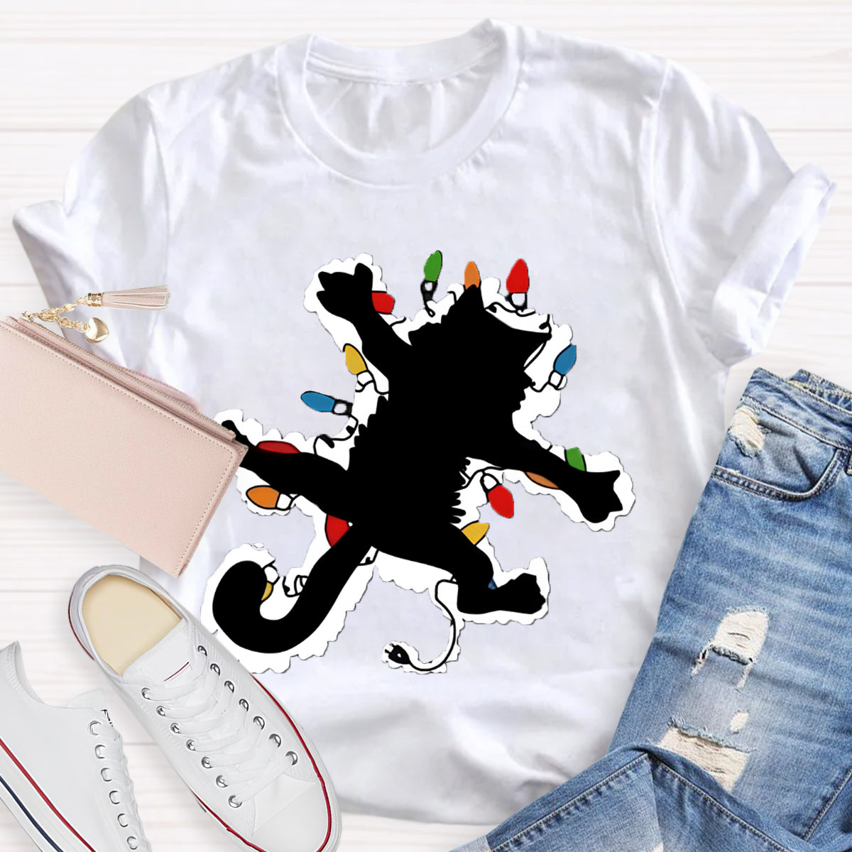 Pussy Cat And  Lights Christmas T-Shirt