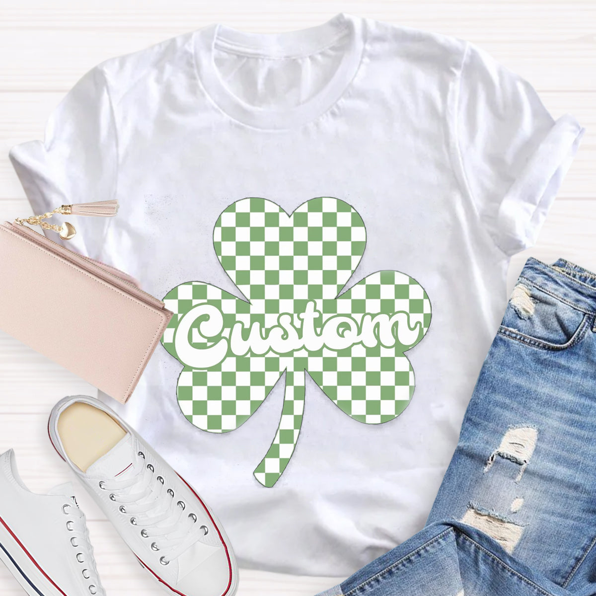 Personalized Name Checkered Clover Teacher T-Shirt