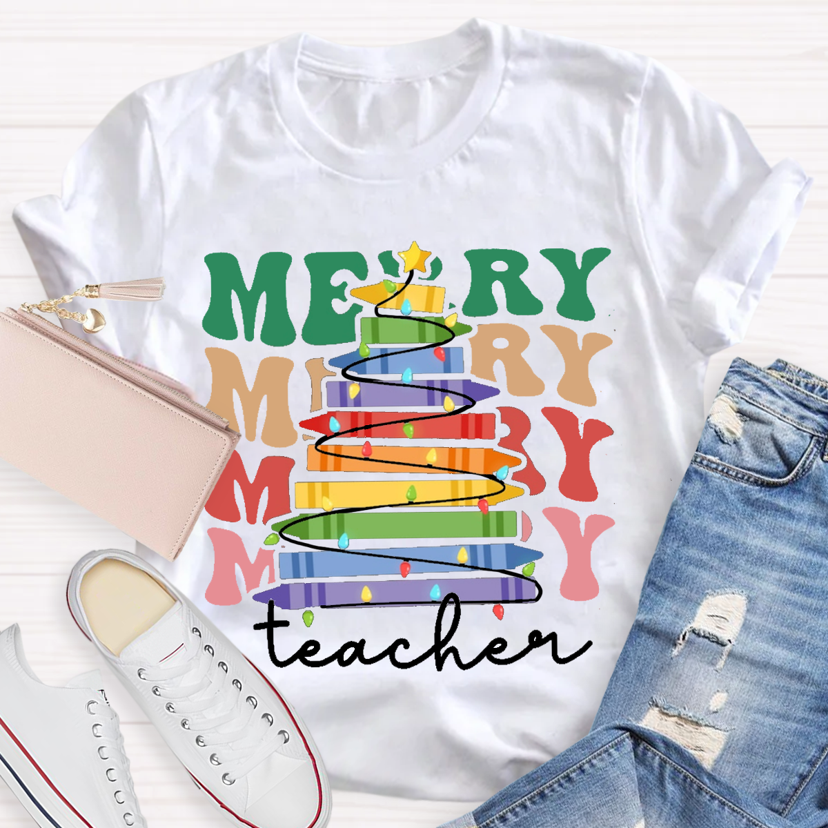 Crayon Christmas Tree Teacher T-Shirt