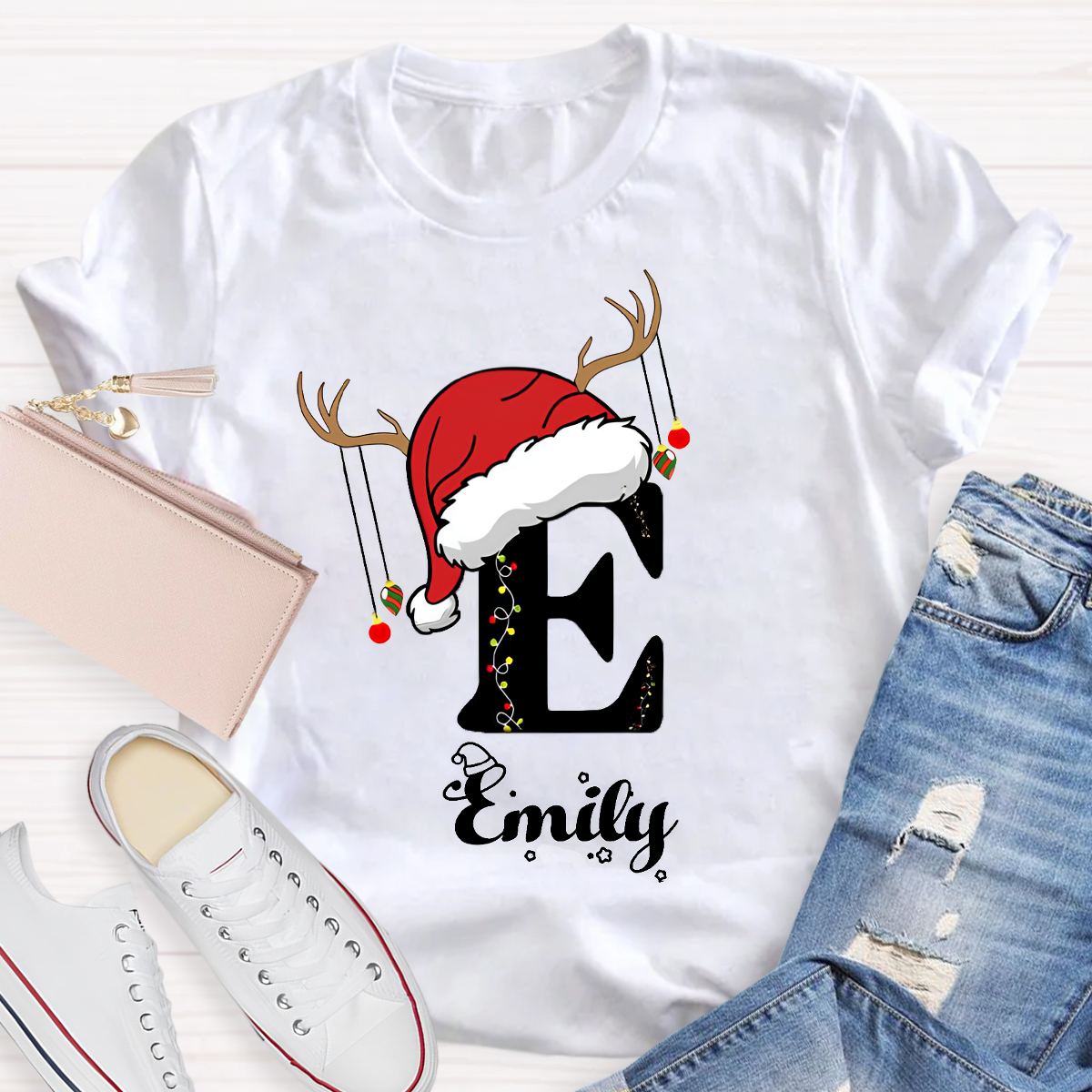 Personalized Name Santa Hat Teacher T-Shirt