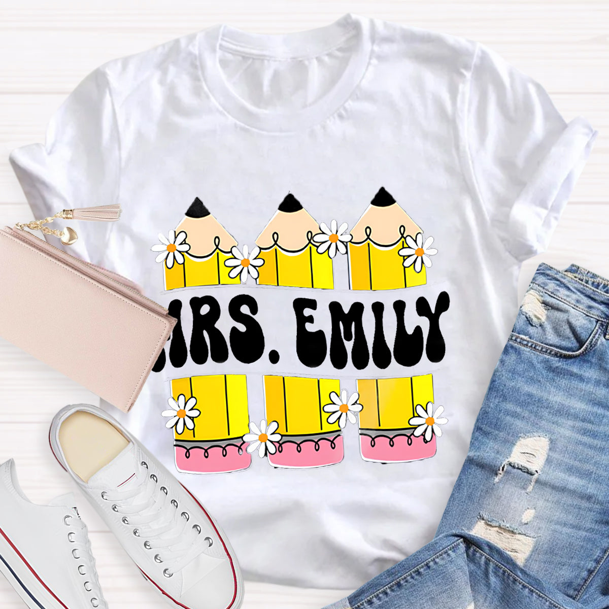 Personalized Your name Retro Teacher Pencil T-Shirt