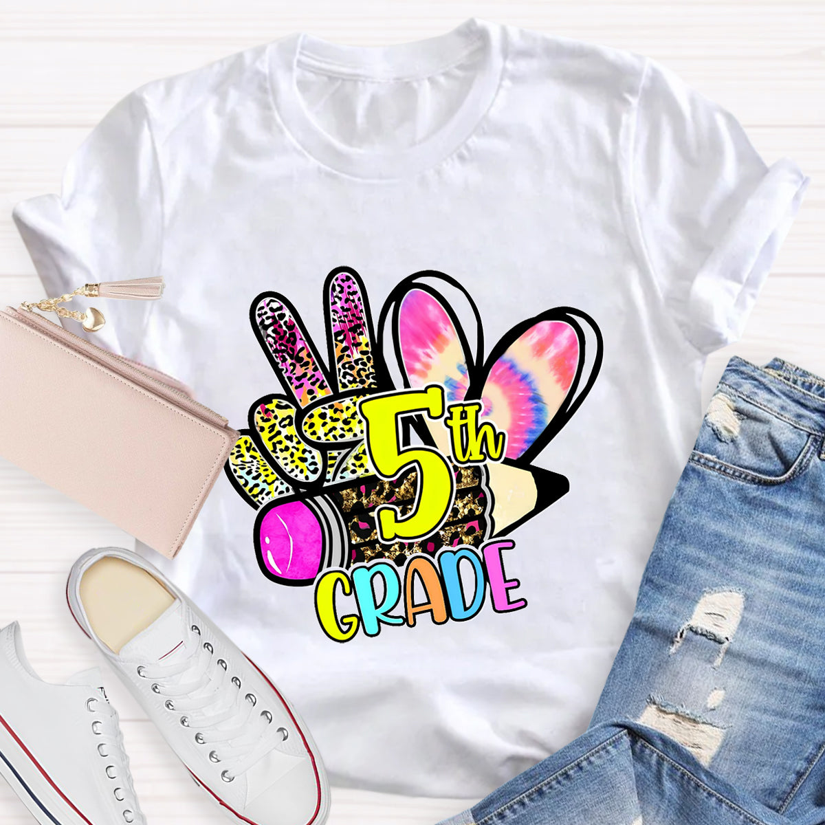 Personalized Grade Colorful  Leopard Heart  5th Grade Teacher T-Shirt
