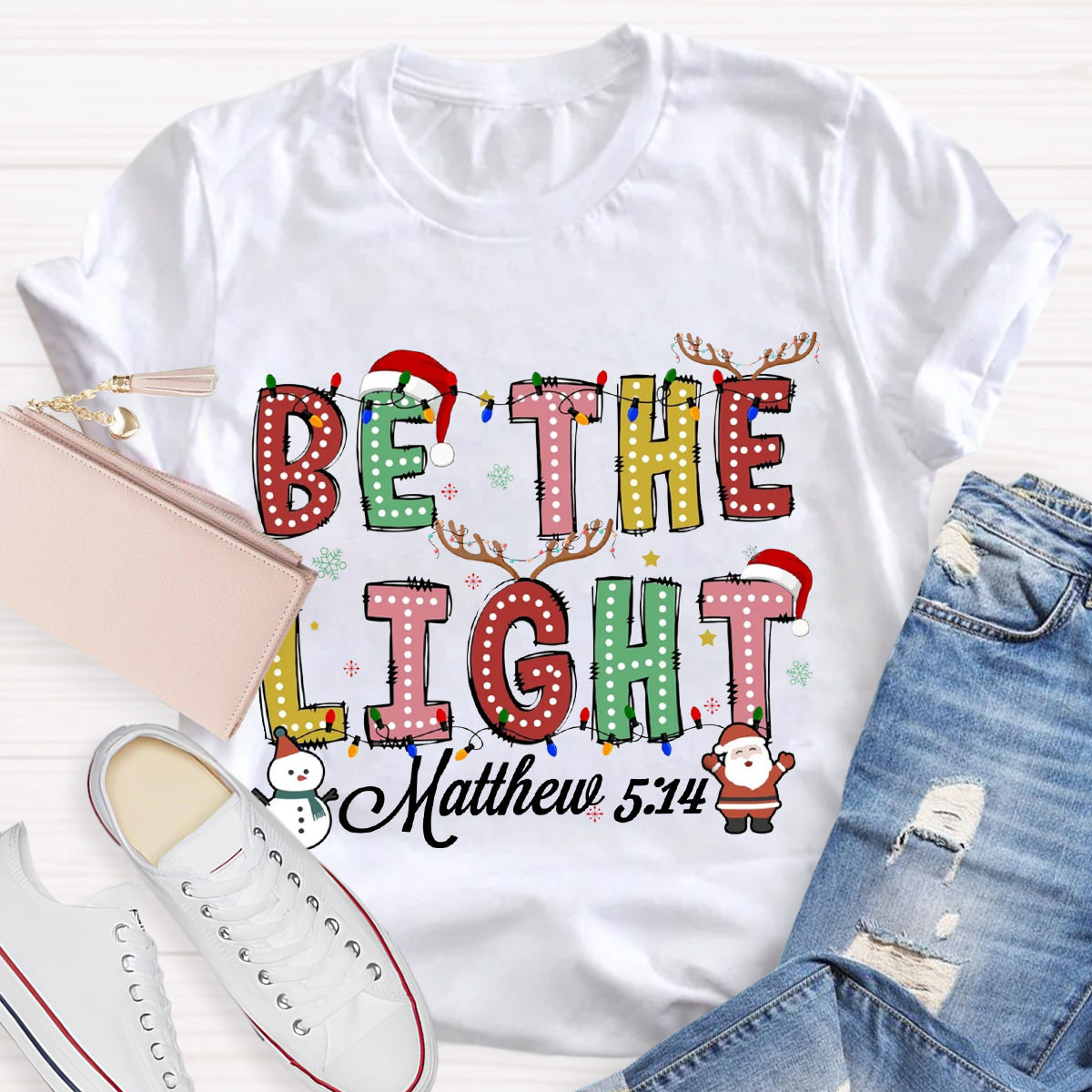 Christmas Light Be The Light Teacher T-Shirt