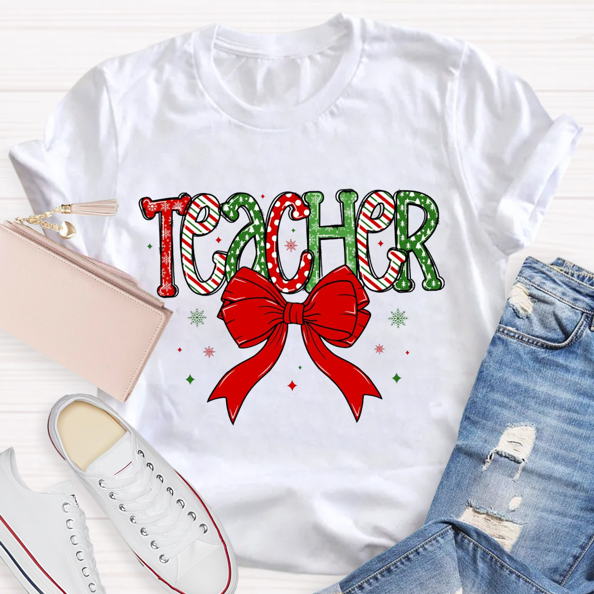 Christmas Bow Doodle Teacher T-Shirt