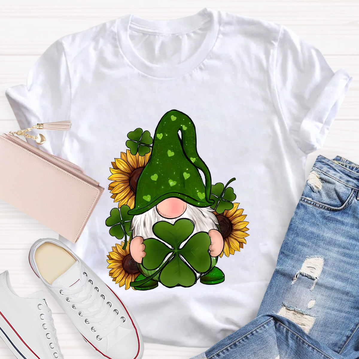 St. Patricks Day Gnome With Sunflowers Teacher T-Shirt