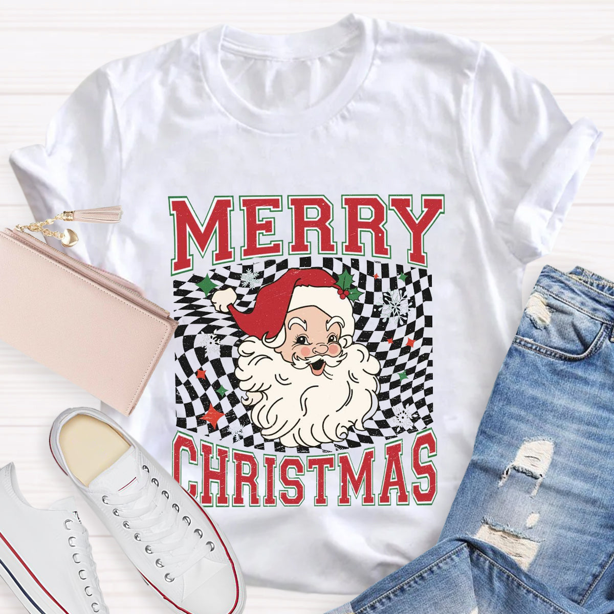 Merry Christmas Plaid Print Santa T-Shirt