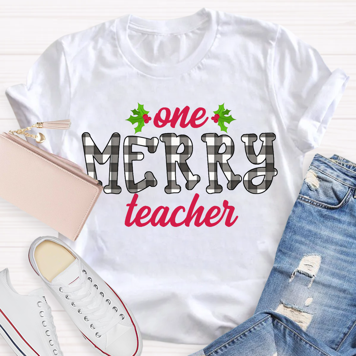 One Merry Teacher Christmas Plaid T-Shirt