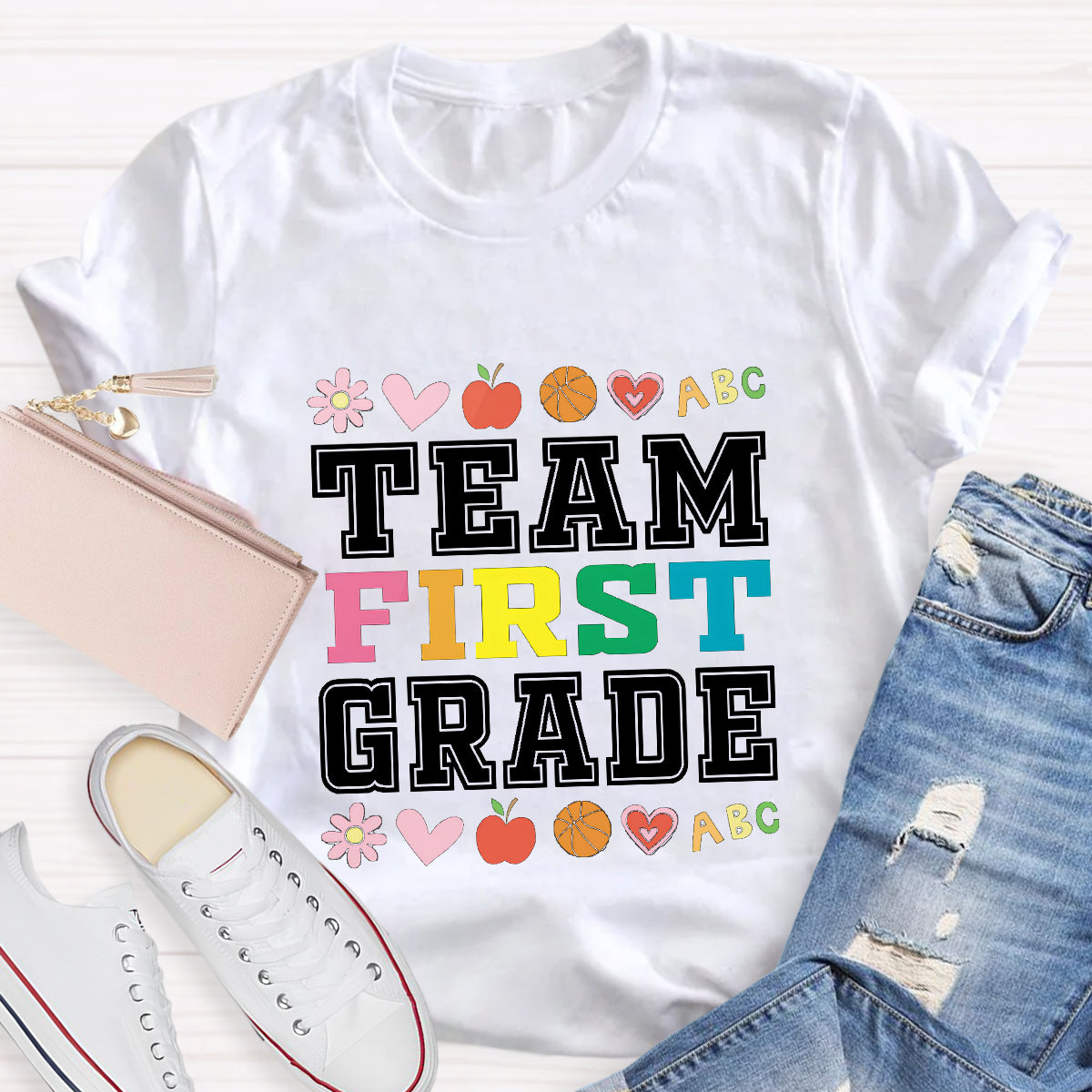 Personalized Grade Team Colorful First Grade Teacher T-Shirt
