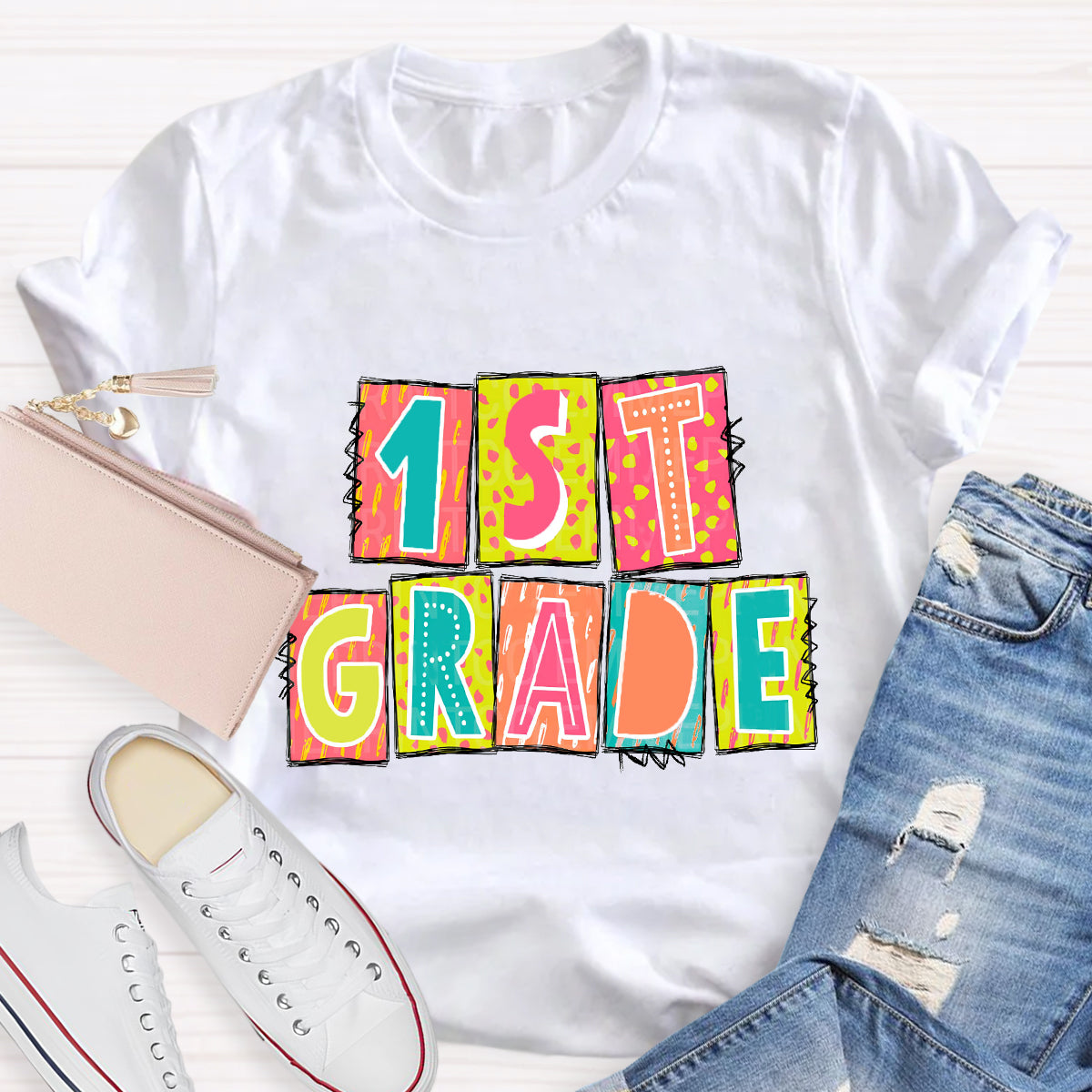 Personalized Grade Personalized Color Block 1st Grade Teacher T-Shirt