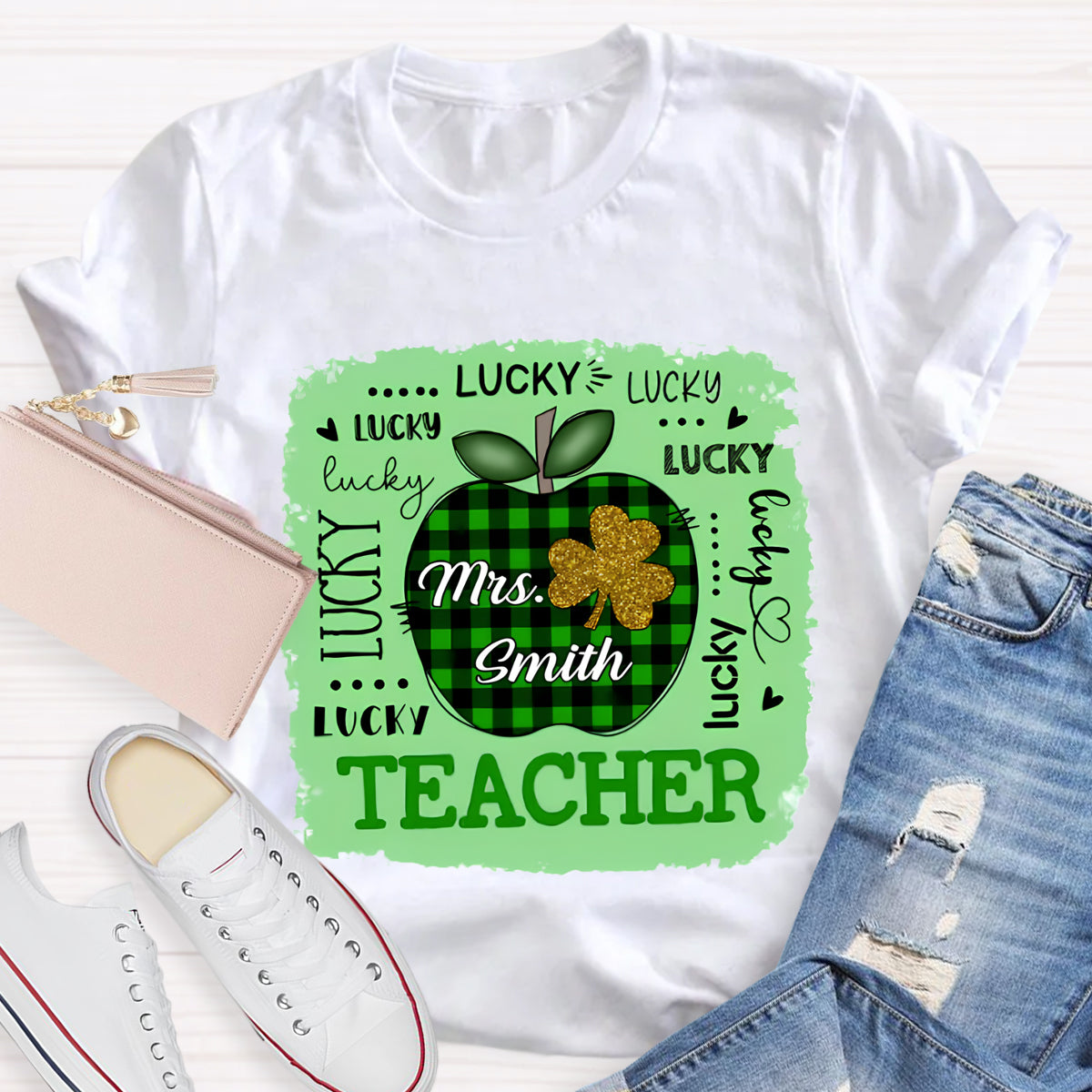 Personalized Name Lucky Teacher Green Apple T-Shirt