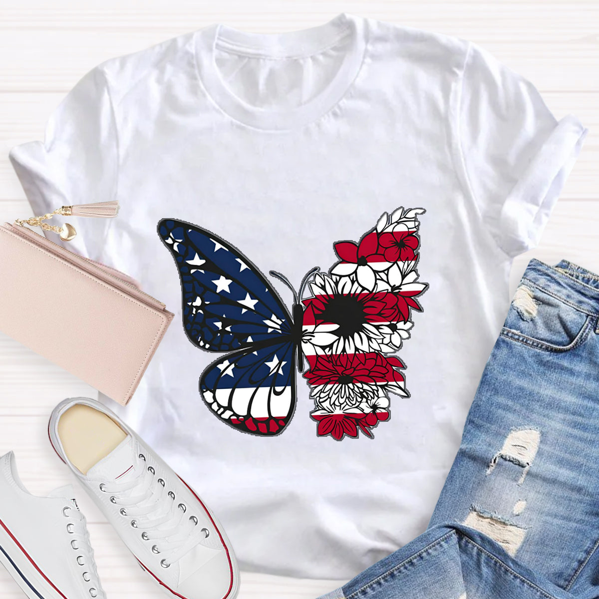 USA Floral Butterfly T-Shirt