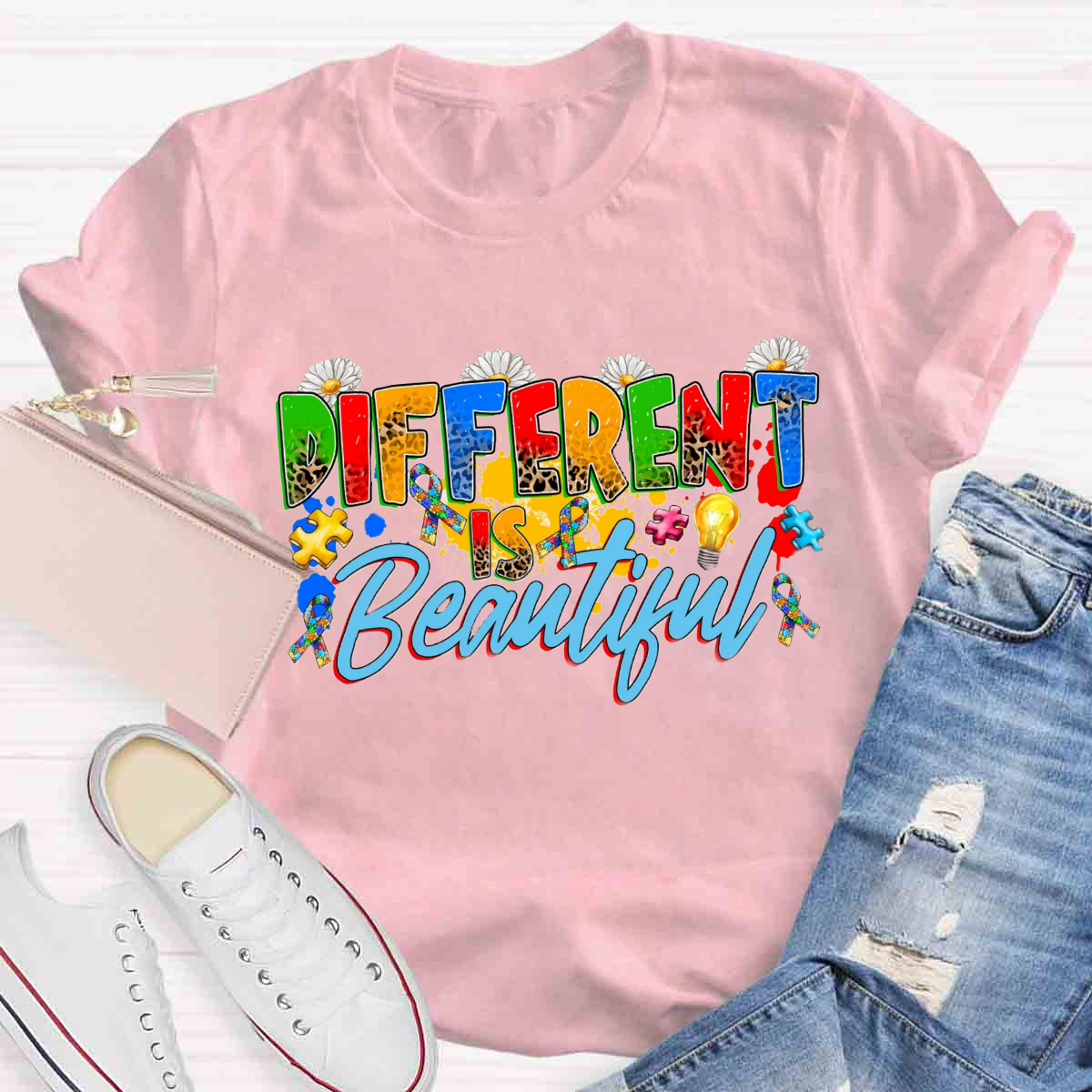 Different Is Beautiful Floral Teacher T-Shirt