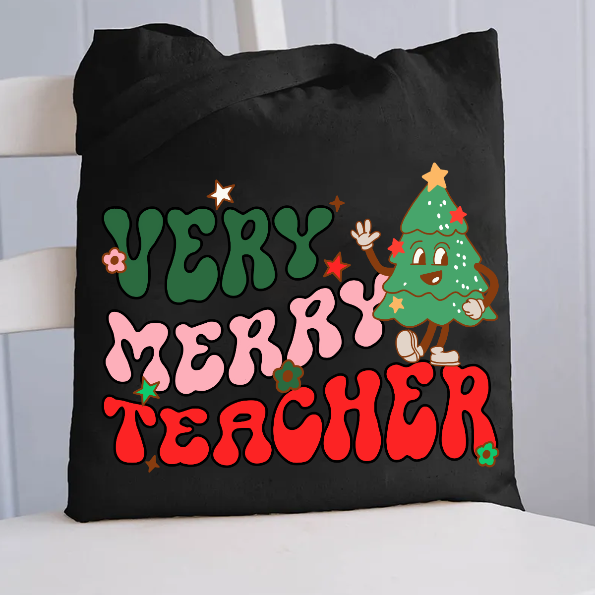 Very Merry Teacher Christmas Tree Canvas Tote Bag