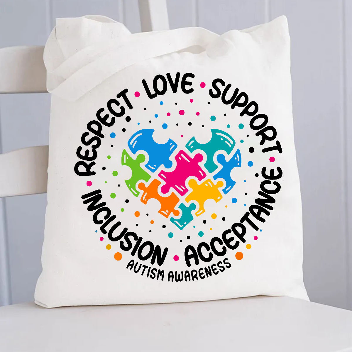 Love Support Acceptance Inclusion Respect Autism Awareness Canvas Tote Bag