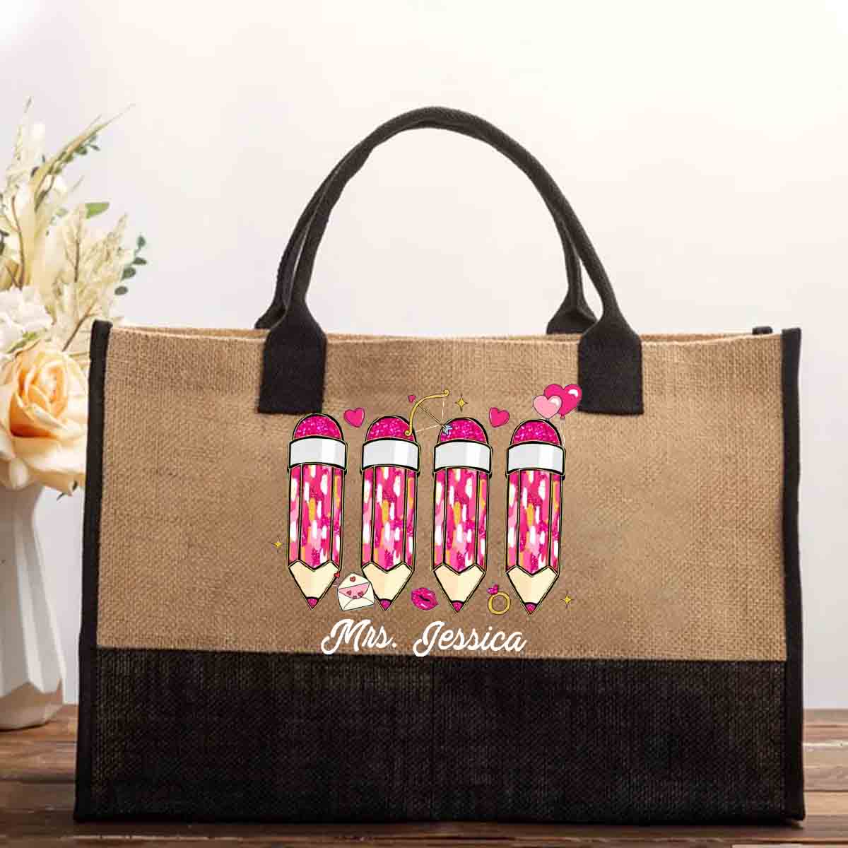 Personalized Name Pink Pencil Teacher Cotton Tote Bag