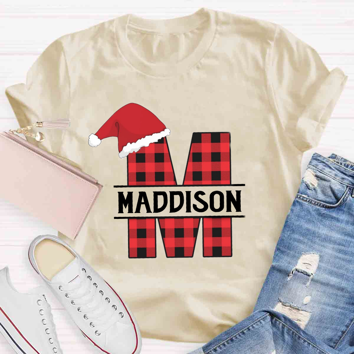 Personalized Name Plaid Christmas Name T-Shirt