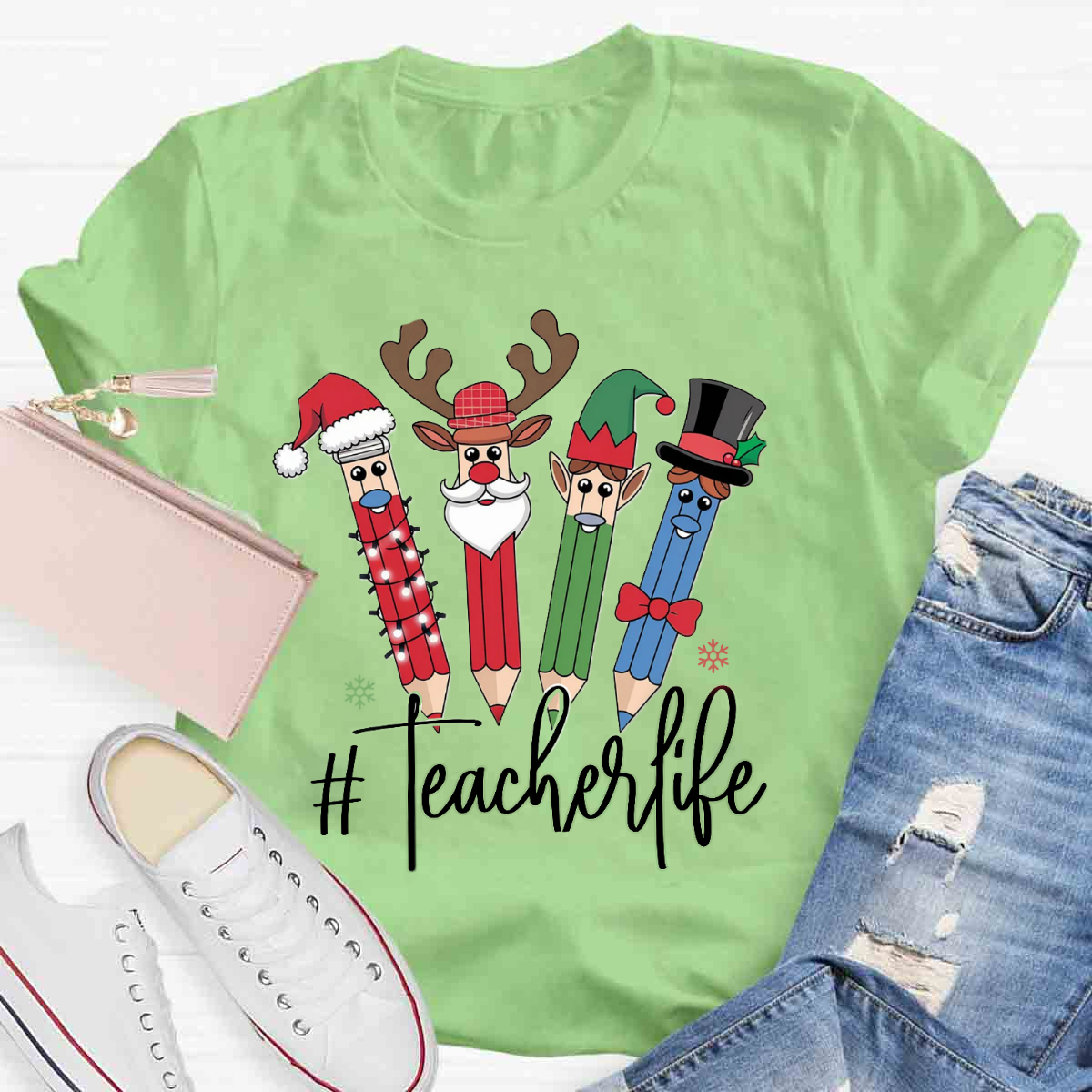 Teacher Life Christmas Pencil Print T-Shirt