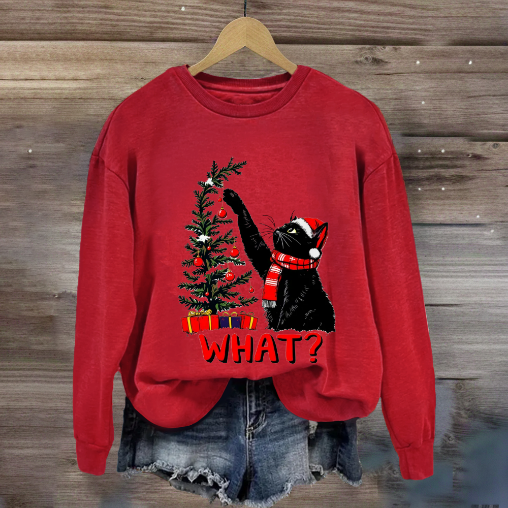 Black Cat Pushing Christmas Tree Sweatshirt