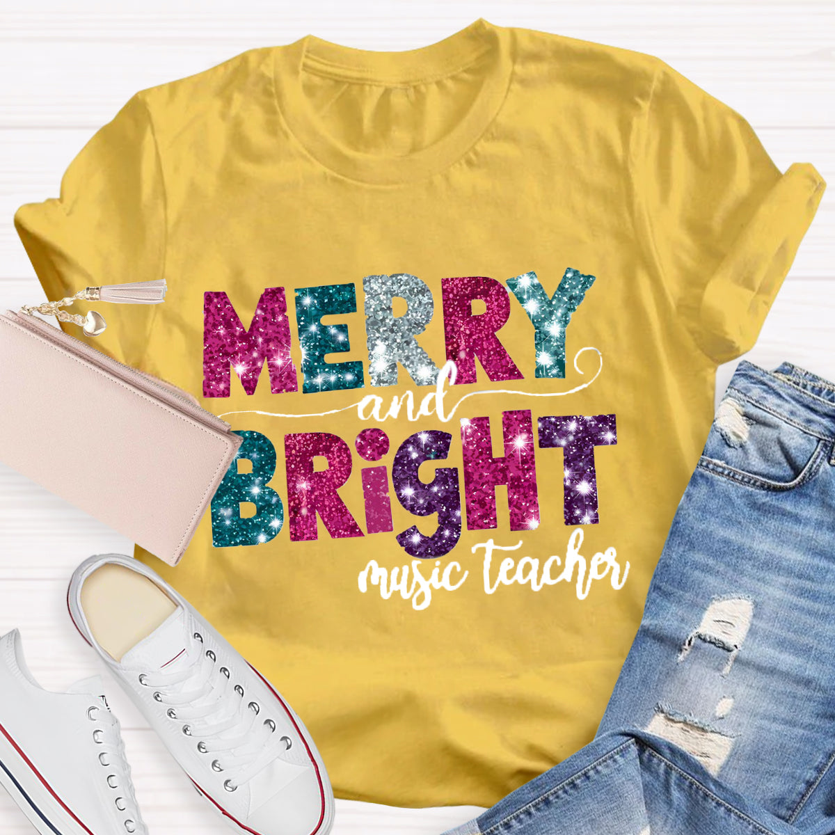 Personalized Subject Merry and Bright Teacher  T-Shirt