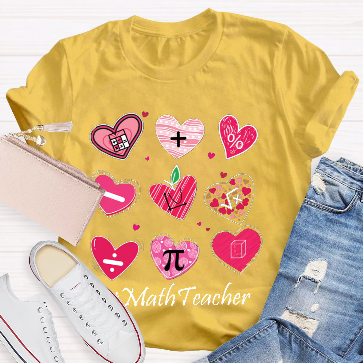 Pink Heart Math Symbols Teacher T-Shirt