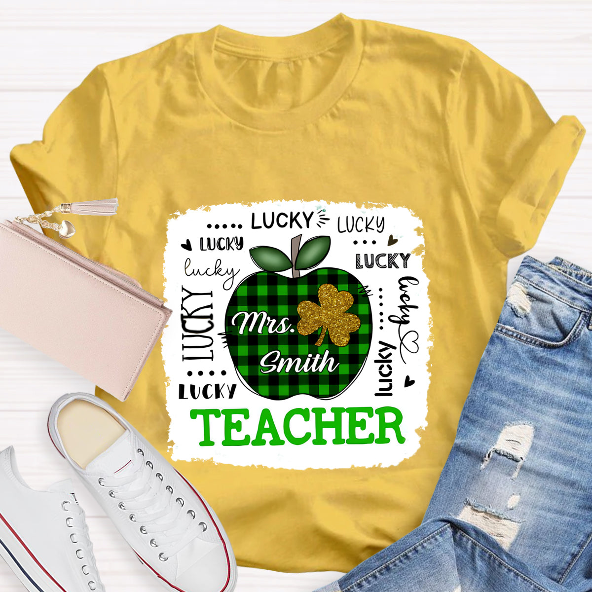 Personalized Name Lucky Teacher Green Apple T-Shirt