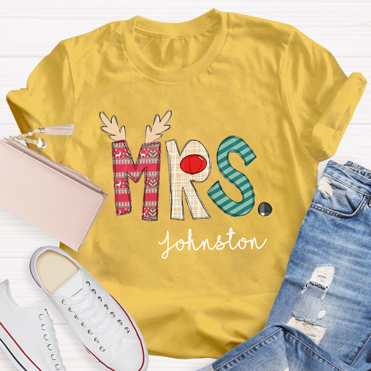 Personalized Christmas Classic Pattern Teacher Name Teacher T-Shirt