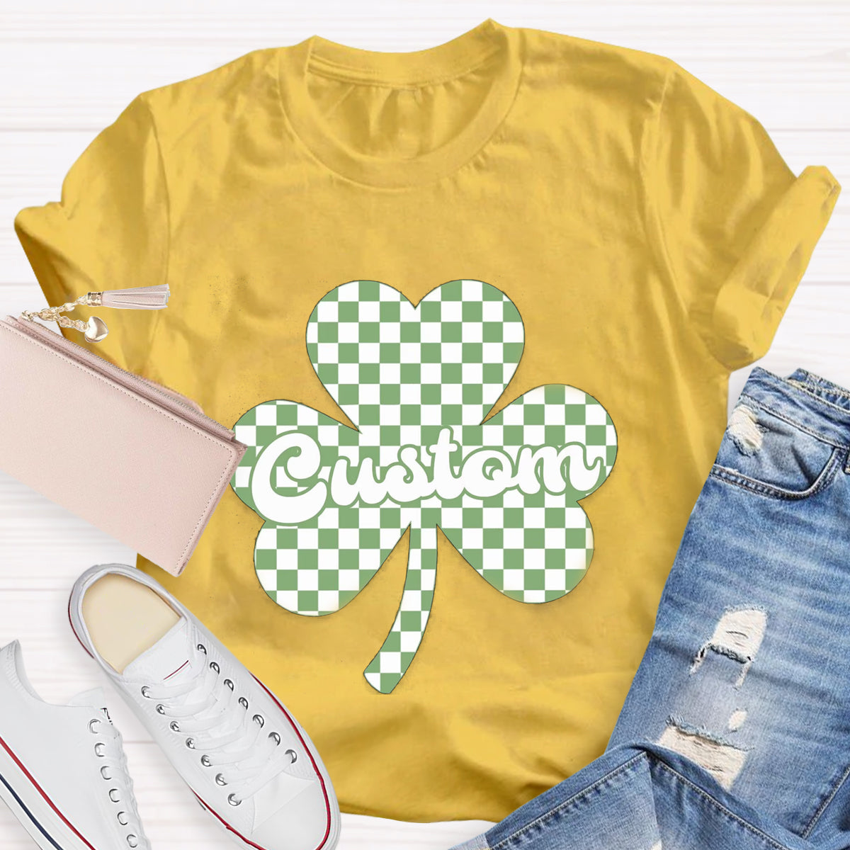 Personalized Name Checkered Clover Teacher T-Shirt