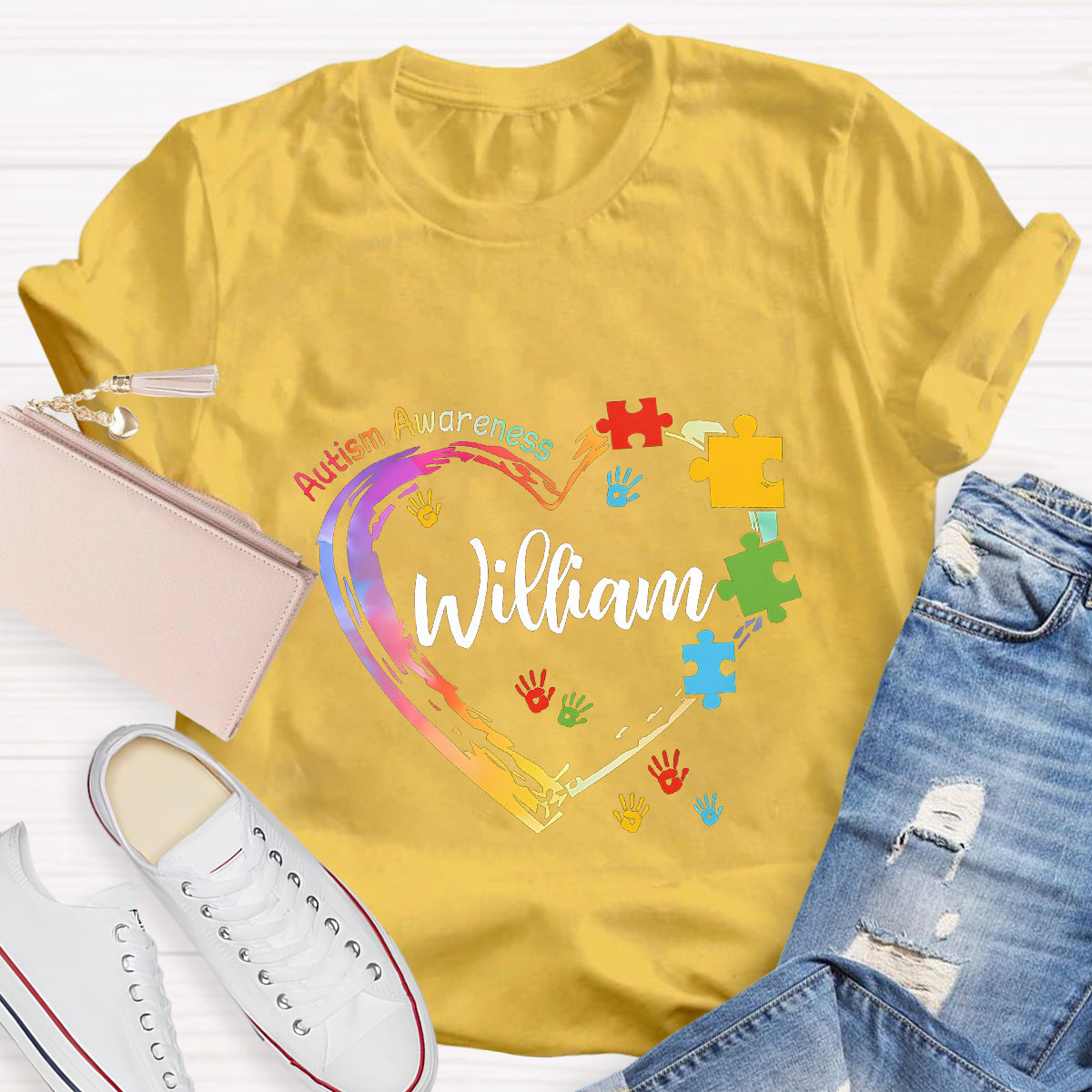 Personalized Name Autism Colorful Heart Teacher T-Shirt