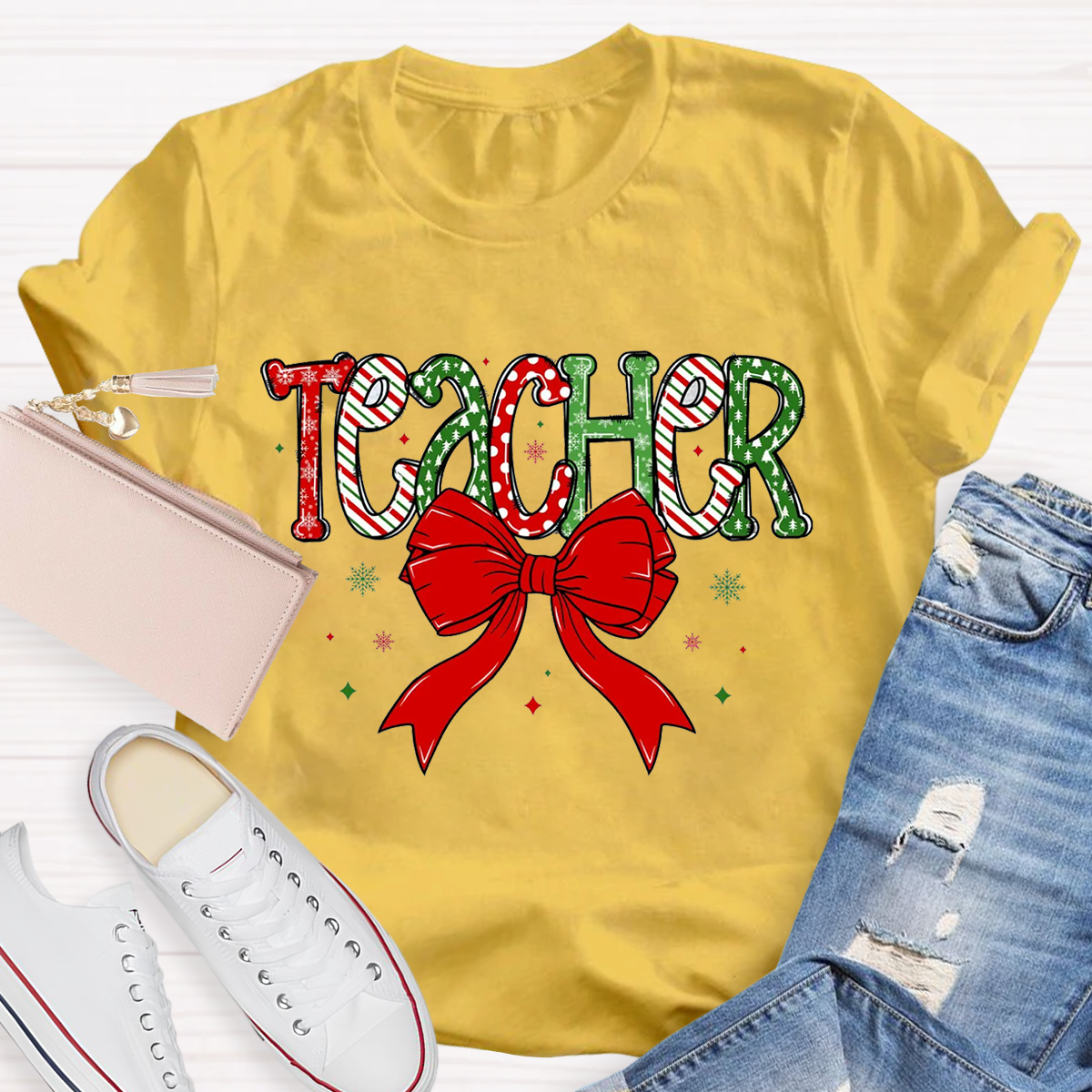 Christmas Bow Doodle Teacher T-Shirt