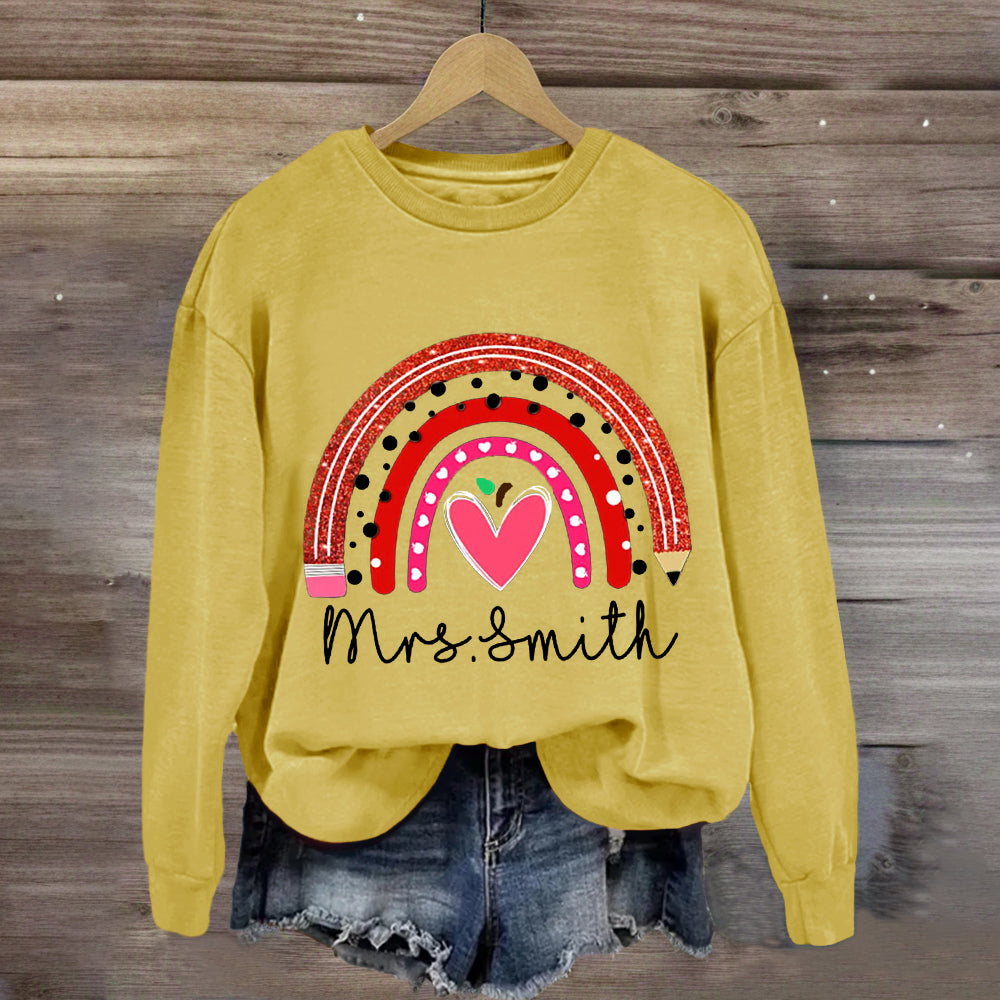 Personalized Name Rainbow Pencil Heart-Shaped Apple Teacher Sweatshirt