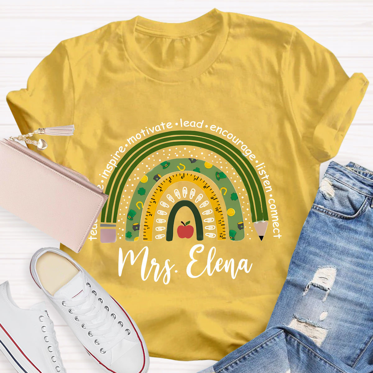 Personalized Name Green Rainbow Teach Love Inspire T-Shirt