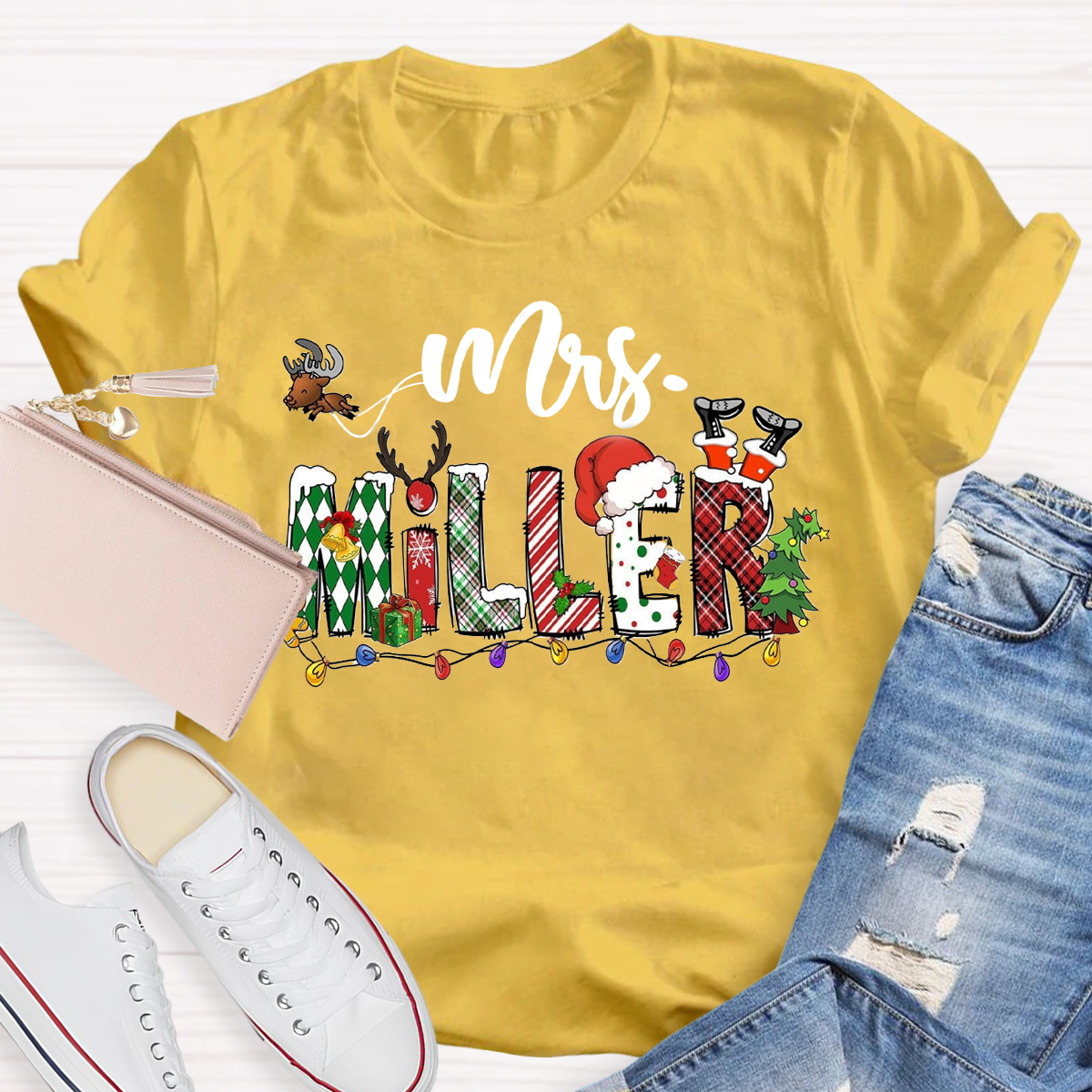 Personalized Name Santa Hat and Eelk Teacher T-Shirt