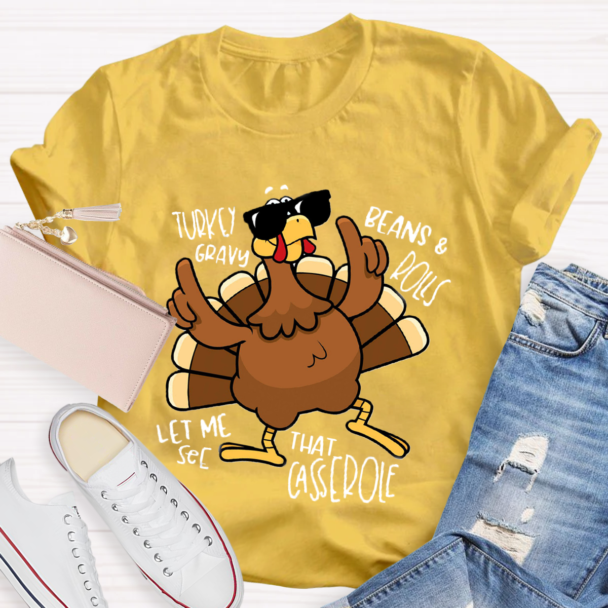 Turkey Gravy Beans Rolls Thanksgiving Teacher T-Shirt