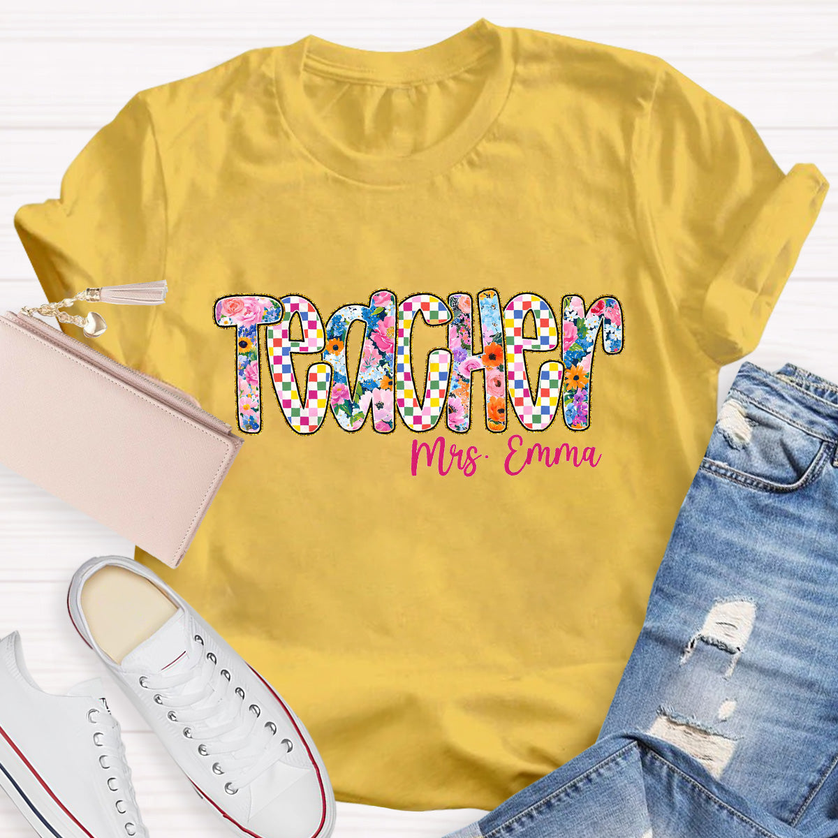 Personalized Name Pink Flowers  Teacher T-Shirt